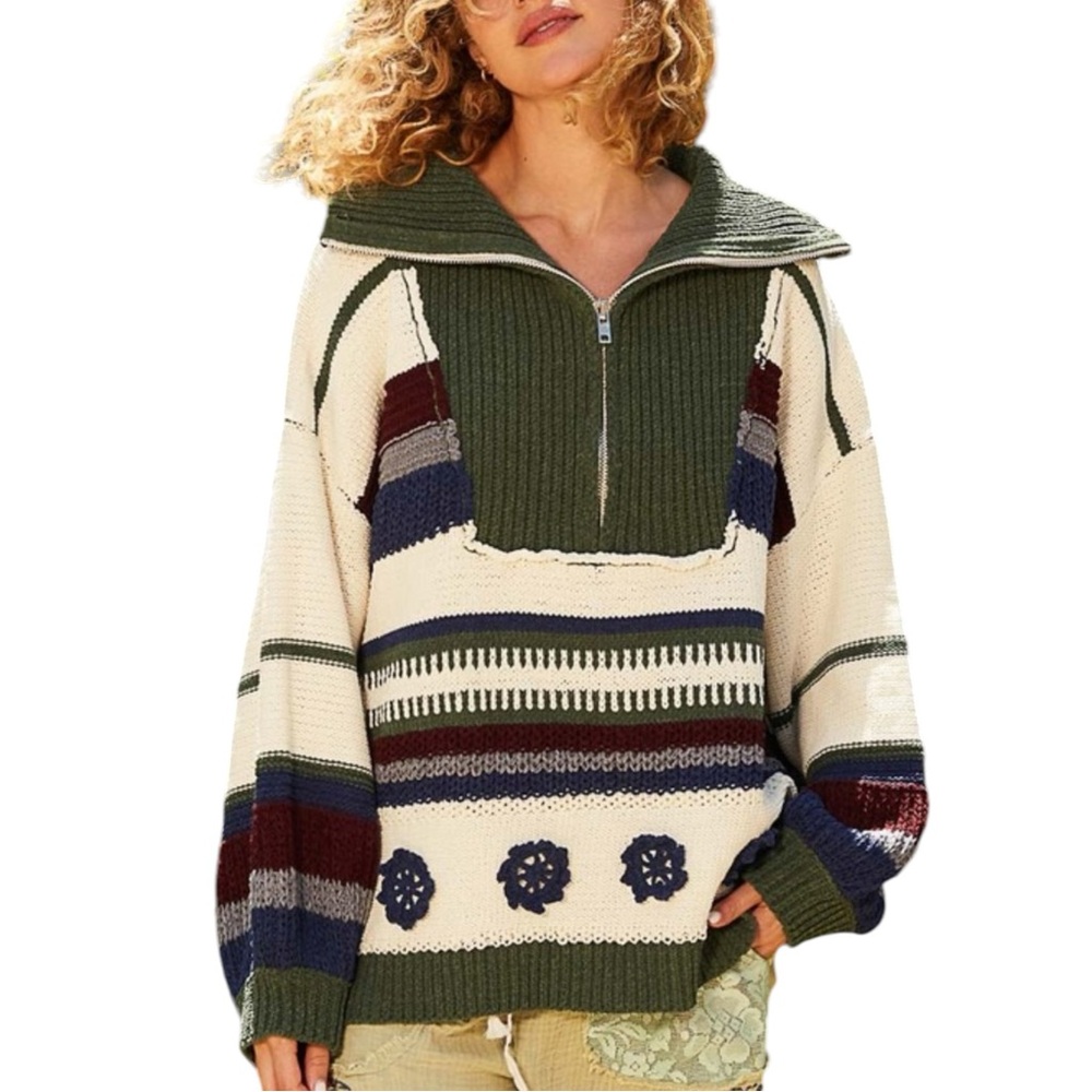 Olive & Cream Striped Half-Zip Knit Sweater